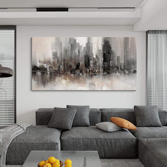 Cityscape Wall Art New York City Skyline Buildings Picture Modern Abstract Grey NYC Skyline Painting Framed Artwork for Bedroom Living Room Bathroom Home Office Decor29×58IN