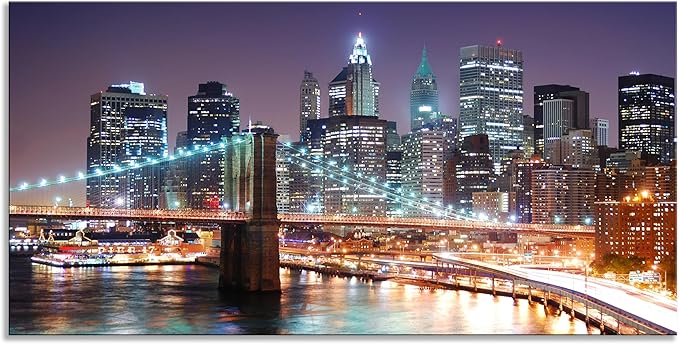 NAN Wind 1PCS New York City Skyline Canvas Wall Art Brooklyn Bridge at Sunset Golden Hour Manhattan Cityscape Pictures Canvas Artwork East River Reflection Modern Urban Home Decor Living Room Office