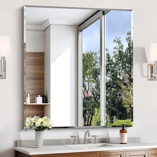 KOCUUY Beveled Mirror, 40x36 Inch Large Frameless Bathroom Mirror for Over Sink, Upgraded Shatterproof Beveled Unframed Design Mirror for Bathroom, Bedroom, Hang Horizontal/Vertical