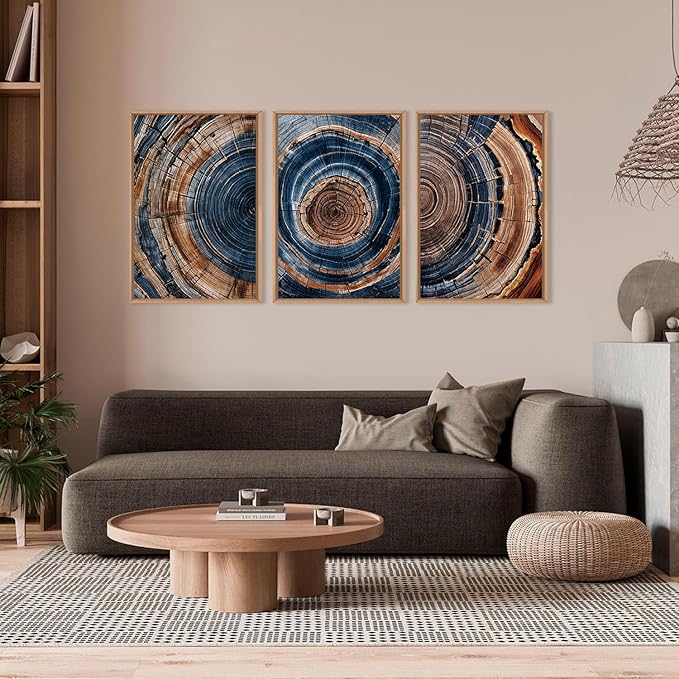 Colorful Tree Rings Framed Canvas Wall Art Set,Abstract Blue and Brown Wood Grain Wall Decor,Nature Modern Annual Ring Texture Artwork for Living Room,Bedroom-24 x36 x3