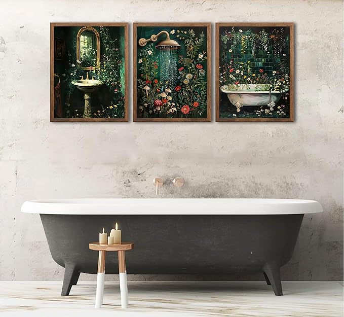 3pcs Green Botanical Bathroom Canvas Wall Art Washbasin Shower Baths Floral Poster Print Paintings Rural Dark Green Wildflowers Bathroom Picture Wall Decor for Laundry Room Bathroom Home Decoration