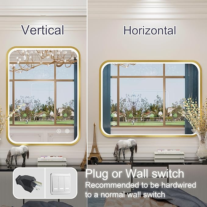 24x32 Inch Gold LED Bathroom Mirror with Lights, 3000K/4500K/6000K, Lighted Bathroom Vanity Mirror, Wall Mounted, Stepless Dimmable, Memory Funtion, Anti-Fog, Horizontal/Vertical