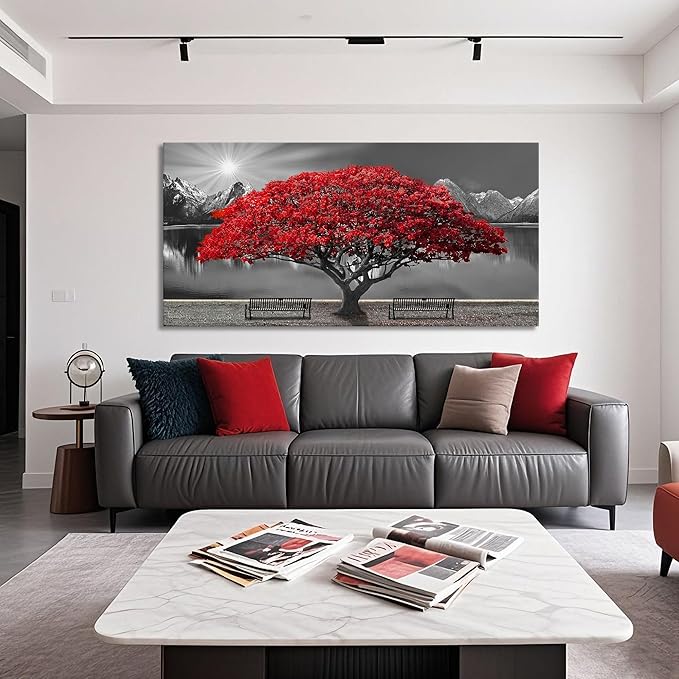 Mofutinpo Black and White Red Tree Wall Art Canvas Print Picture Large Red Tree Landscape Modern Artwork for Living Room Bedroom Office Home Wall Decor With Frame 29X58inch