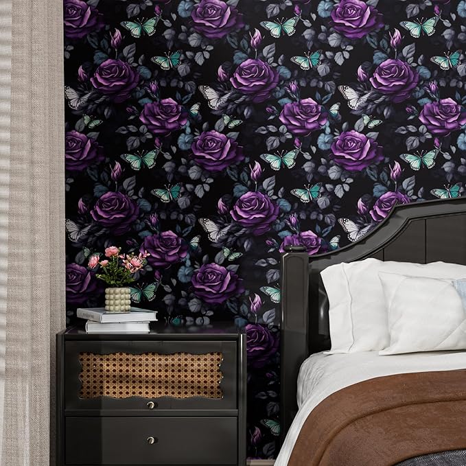 Black Foral Wallpaper Peel and Stick Dark Purple Rose Contact Paper 17.4" x 393", Waterproof Self-Adhesive Flower Butterfly Wall Paper for Bedroom Countertop Desk Cabinets Decor Renter Friendly