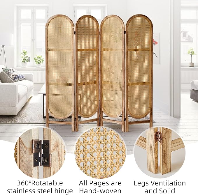 4 Panels Room Dividers and Hand-Woven Rattan Room Divider Wall, Wood Room Divider Folding Privacy Screens for Home Office Bedroom, Light Brown