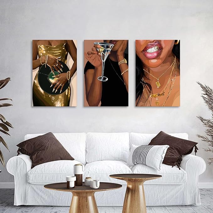 Large Abstract Black Girl Wall Art Living Room Decor Boho Trendy Woman Framed Canvas Vintage Fashion Female Poster Prints Modern Aesthetic Painting Picture for Bathroom Interior Decoration 24x36 3Pcs