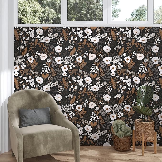 Brown Floral Peel and Stick Wallpaper Leaf Vintage Contact Paper Boho Flower Wall Paper Removable Wallpaper Self Adhesive for Cabinet Drawers Wall Decor 17.5''x118.1''