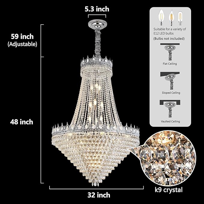 KoKo&Yukina 32" Modern Brushed Nickel Crystal Chandelier - French Empire Round Large High Ceiling Sloped Hanging for Hallway Staircase