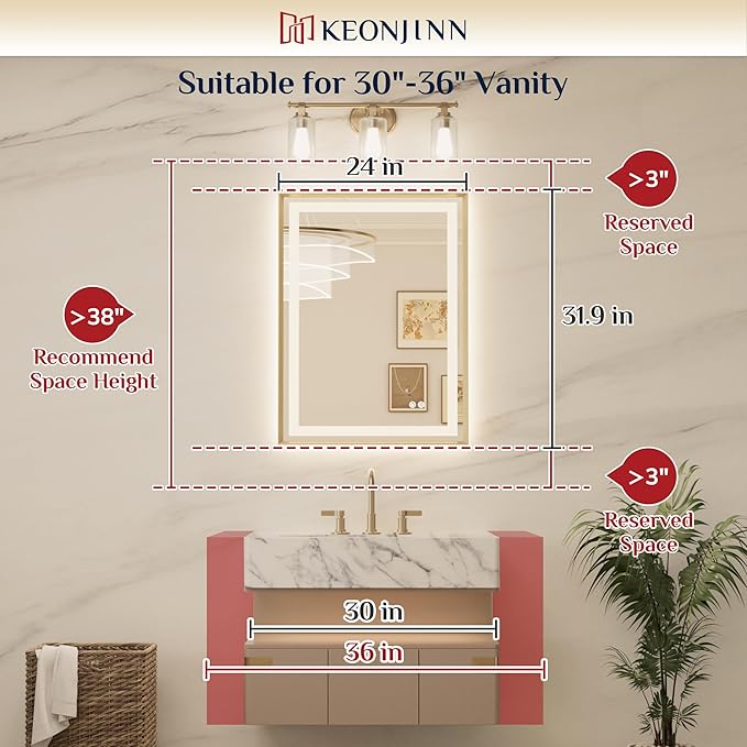 Keonjiinn 24 x 32 Inch LED Bathroom Mirror with Frontlit & Backlit, Brushed Nickel Lighted Bathroom Vanity Mirror, Metal Framed Beveled Edge, HD Tempered Glass, 3 Color Lights, Safe Defogging