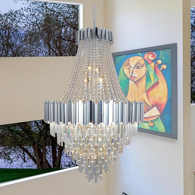 Large Crystal Chandelier for High Ceilings Foyer Entryway Hanging Chandelier Lighting Chrome 30'' Tall