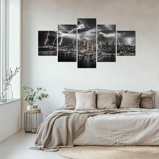Cawpom Bay Bridge Picture Frame Wall Art San Francisco Skyline Wall Decor Lightning Strikes Cityscape Canvas Print California Black and White Painting Poster Home Living Room Decoration(60x32 inches)