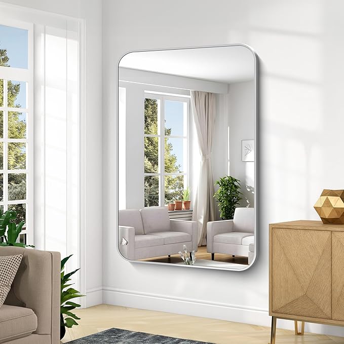 KOCUUY Silver Bathroom Mirror, 60x40 Inch Large Bathroom Mirror for Over Sink, HD Tempered Glass, Anti-Rust Brushed Silver Frame, Rounded Corner Modern Design for Bathroom, Hang Horizontal/Vertical