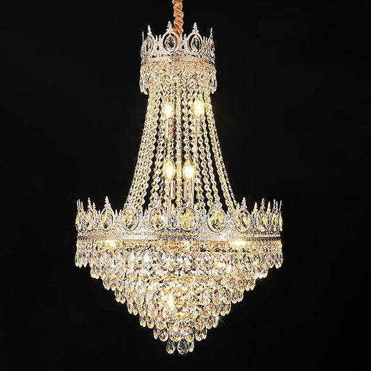 KoKo&Yukina Gold 23.6" French Empire Crystal Chandelier 14 Lights K9 Crystal Chandeliers Modern Farmhouse Crystal Chandeliers Adjustable Hanging Chandelier for Living Room Dining Room Bedroom