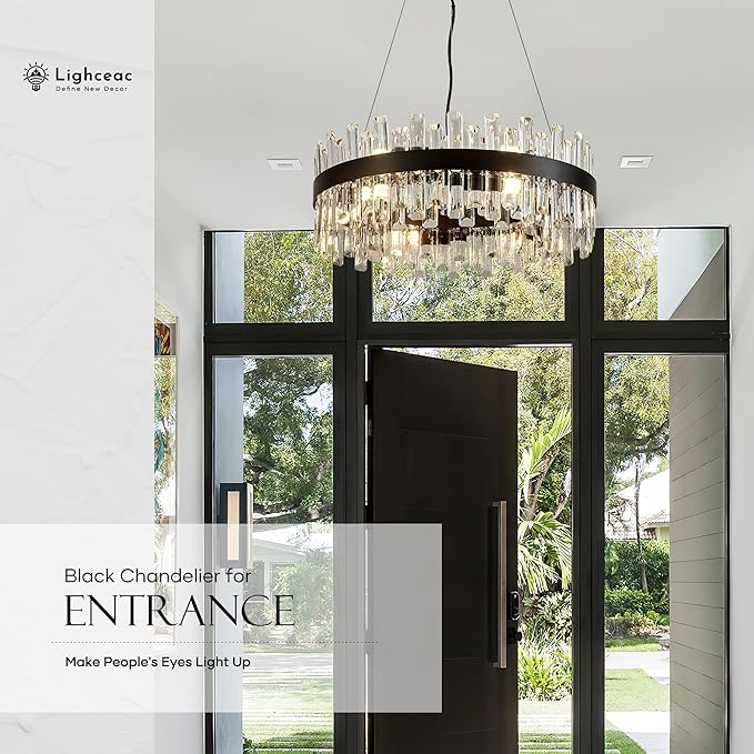 21.7" Black Modern Crystal Chandelier Light Fixtures Luxury 2 Ring Crystal Chandeliers for Dining Room 12-Light Round Hanging Pendant Lighting for Living Room Kitchen Island Entryway Bedroom
