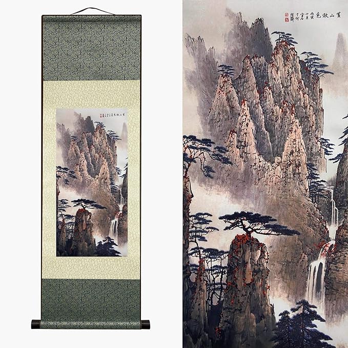 AtfArt Asian Wall Decor - Beautiful Silk Scroll Painting: Waterfall River Landscape - Autumn in Huangshan Mountain Oriental Decor - Chinese Wall Hanging (36.2 x 12 in)