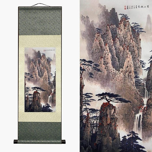 AtfArt Asian Wall Decor - Beautiful Silk Scroll Painting: Waterfall River Landscape - Autumn in Huangshan Mountain Oriental Decor - Chinese Wall Hanging (36.2 x 12 in)