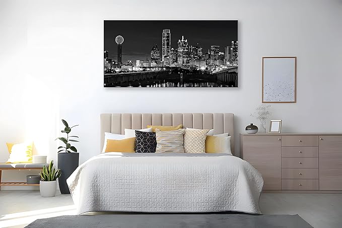 NAN Wind 1 Pcs Dallas Skyline Canvas Wall Art Black White Cityscape Night Scene Modern City Giclee Prints on Canvas Framed Urban Home Decor Skyscrapers Picture Painting for Room Decor