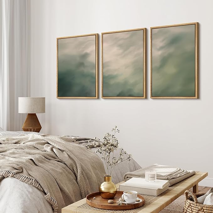 MUDECOR Framed Wall Art Print Set Soft Green Cloudscape Tranquil Abstract Nature Illustrations Modern Art Boho Decorative Colorful Chic for Living Room, Bedroom, Office - 24"x36"x3 Natural