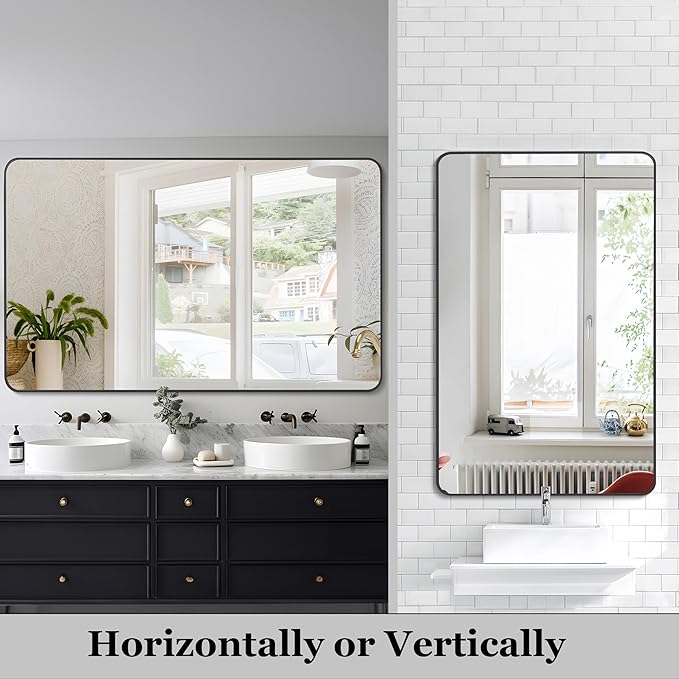 30" x 48"Bathroom Mirror, Matte Black Wall Mirror with Metal Frame, Decorative Rectangular Vanity Mirror for Bedroom Bathroom Living Room Entryway (Horizontal/Vertical)