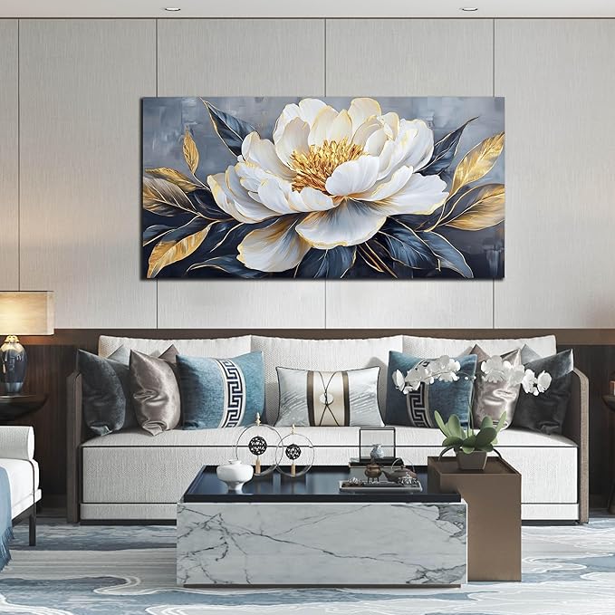 AOZEMI Floral Wall Decorations White Pictures Flowers Wall Art Modern Canvas Plant Gold Wall Decor for Living Room Bedroom Big Artwork 29"x 59"