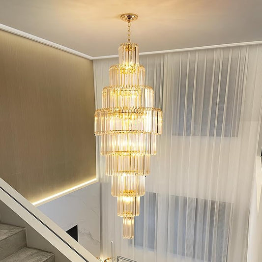 Luxury Modern Staircase Crystal Chandeliers Long 9-Tier Large Foyer Entrance Chandeliers for High Ceiling Light Fixture for Stairse Entryway Dia 23.7" - 20 Lights Gold