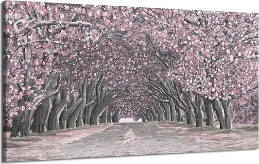 Nicetop Large Pink Wall Art – Floral Tree Artwork Romantic Cherry Blossom Landscape Canvas Art Print Dreamy Sakura Flower Pathway Forest Tunnel Nature Picture for Living Room Bedroom Girls Room 48x24 Inch