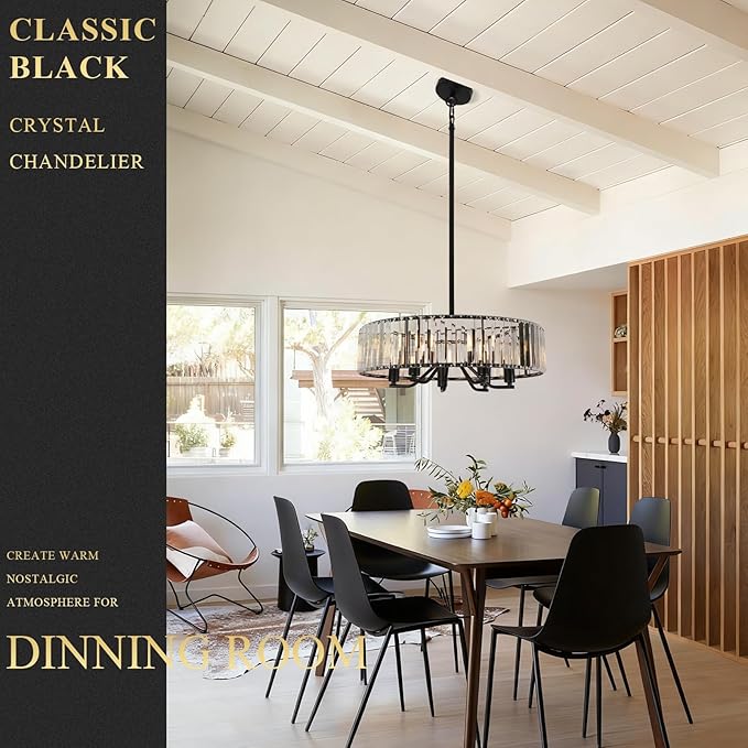 Black Crystal Chandelier for Dining Room, 6-Light Modern Semi Flush Mount Chandelier Lighting Fixtures,Round Kitchen Hanging Drum Pendant Lights Ceiling for Bedroom Entryway Foyer, E12 Base, 19.7Inch