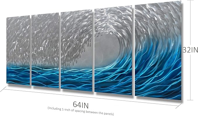 BATRENDY ARTS Extra Large Beach Metal Wall Art Hand-Crafted Blue and Silver Sea Wave Panels Decor Modern Artwork Scupltures for Living Room Decorations
