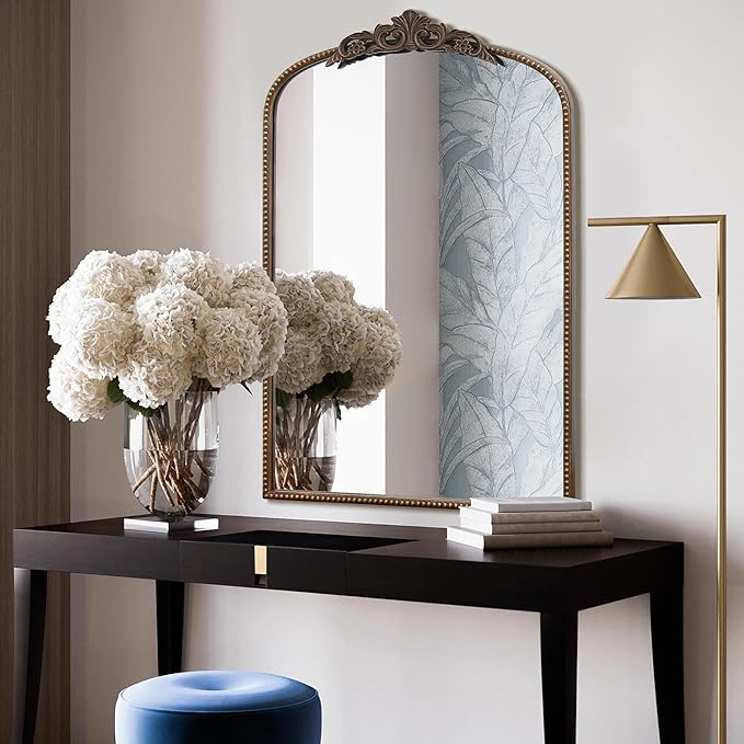 Micasso Traditional Ornate Bronze Mirror: 36" x 24" French Baroque Antique Mirror - Decorative Vintage Arched Mirrors for Wall/Bathroom/Entryway/Hallway - Home Decor for Living Room