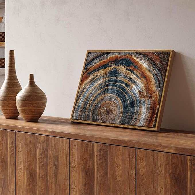 BingruiArt Framed Tree Ring Canvas Wall Art Abstract Wood Wall Decor Boho Modern Colorful Nature Painting Wood Stump Prints Pictures for Living Room Bedroom Bathroom Office 12"x16" Natural Framed(04)