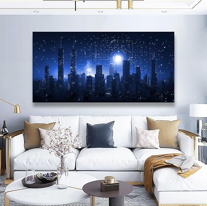 Night Stars City Wall Art Bedroom Wall Decor Living Room,Night Tall Buildings Canvas Wall Art Office Farmhouse Paintings Artwork Modern Blue Cityscape Wall Art Prints Pictures 20 * 40inch