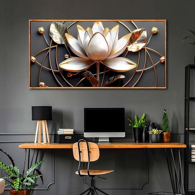 Lotus Flower Wall Art for Living Room, Floral Canvas Wall Decor for Bedroom, Black White and Gold Picture Print, Large Size 59 x 29 Inches Framed