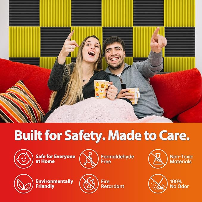 12 Pack Acoustic Panels – Sound Proof Foam Panels for Wall 12"x12"x1", Flame Retardant Wedge Acoustic Foam, High-Density Sound Absorbing Panels for Home Studio(Yellow, 1" Thick 12 Pack)
