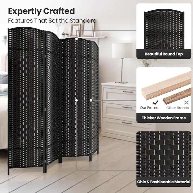 4 Panel Room Divider,6Ft Folding Privacy Screen,Tall - Extra Wide Foldable Panel Partition Wall Divider with Diamond Double-Weaved Hand-Woven Design Room Screen Divider