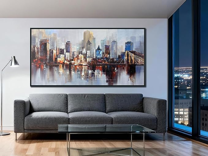 Arjun Brooklyn Bridge Wall Art Modern New York Abstract Canvas Cityscape Painting NYC Skyline Textured Picture for Living Room Bedroom Home Office Wall Decor Extra Large Size Black Wood Framed 58"x29"