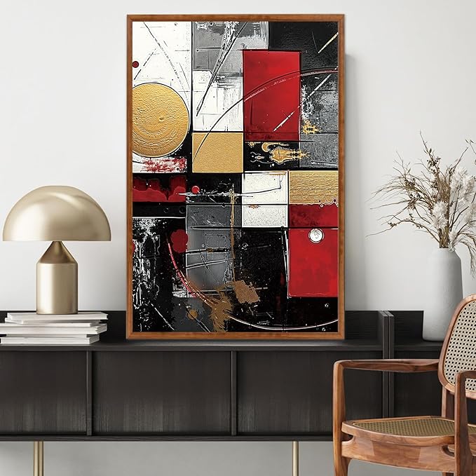 LHIUEM Abstract Black Framed Canvas Wall Art,Modern Red Wall Decor,Boho Metal Painting,Minimalist Textured Gold Artwork for Living Room,Bedroom,Dining Room -16"x24"x3