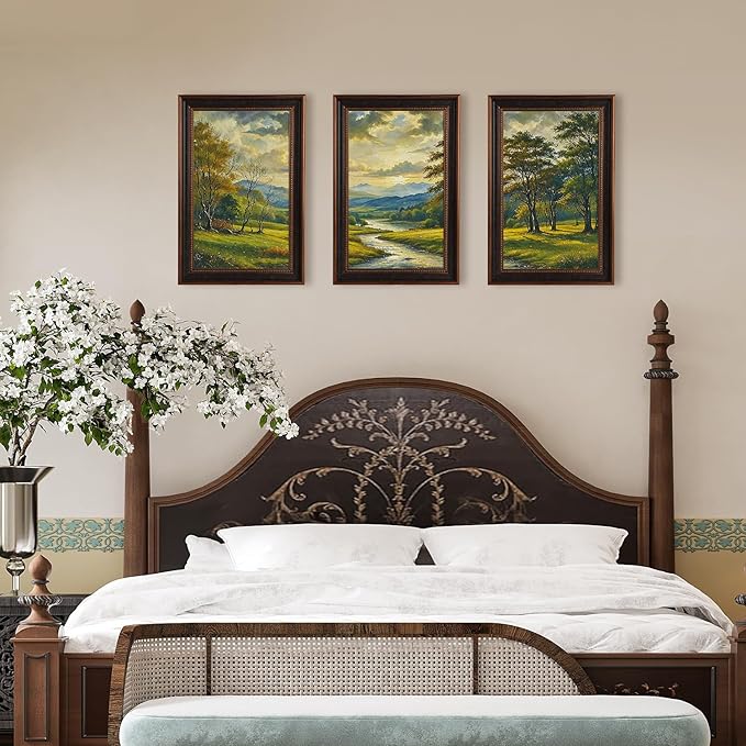 Large Watercolor Mountain Forest Framed Canvas Wall Art,Vintage River Grassland Wall Decor,Green Wilderness Field Artwork,Boho Botanical Art Print for Living Room,Bedroom,Office- 16"x24"x3