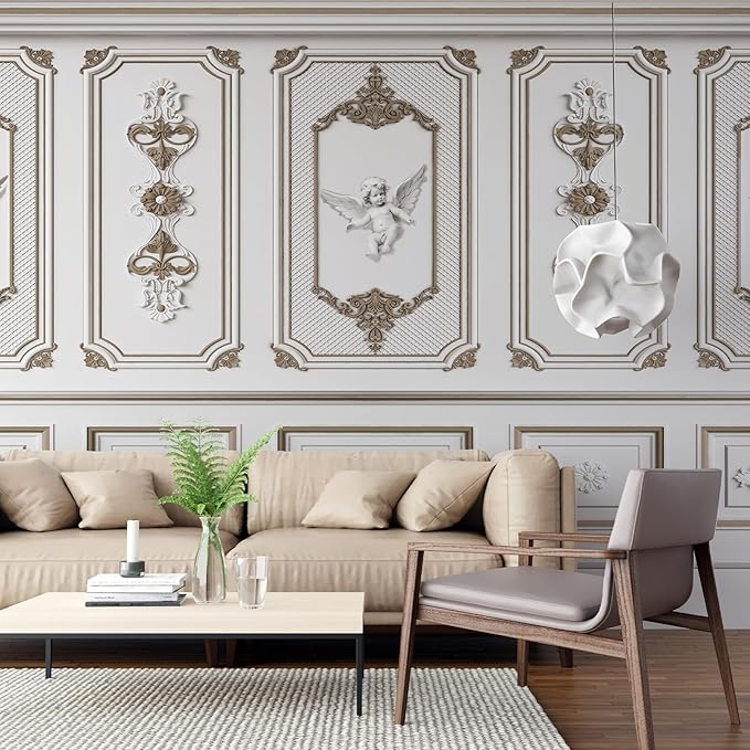 Large 3D Wallpaper Peel and Stick Vintage Rococo Style Architecture Mural 148" W x 110" H Brown White French Embossed Stereo Wall Mural 3D Stereo Wallpaper for Living Room Bedroom Sofa Background