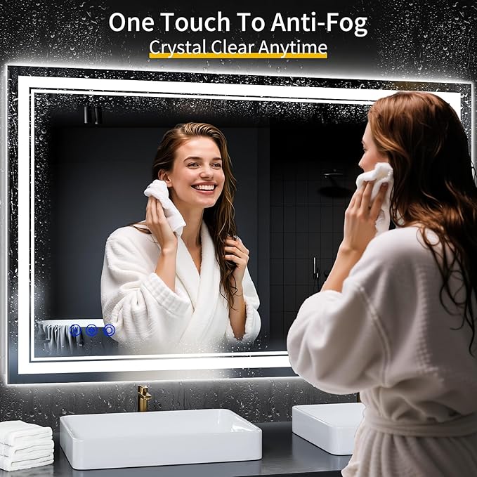 48"x30" LED Bathroom Mirror with Anti-Fog, Stepless Dimmable Lights, 3 Color Modes, Shatter-Proof Tempered Glass, Memory Function & Waterproof Design