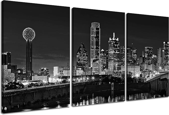 NAN Wind 3 Pcs Black & White Canvas Art - Dallas Skyline Downtown Cityscape Night Scene Picture Prints On Canvas for Home Decor