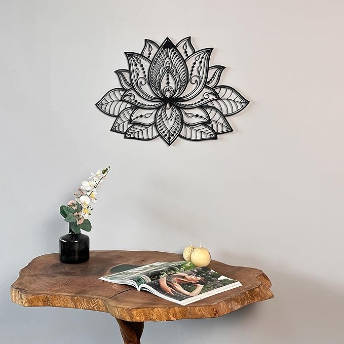 Colorfull Worlds Mandala Metal Wall Decor, Lotus Flower Meditation Room Decor, Minimalist Zen Garden Bohemian Gift for New Year (36" x 23" | 91 x 59 cm, Black)