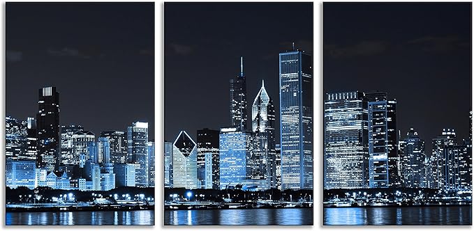 NAN Wind Chicago City Center Skyline Canvas Prints Modern Office Decor Chicago Skyline Canvas Art Cityscape Wall Decorations Blue Wall Decor for Living Room Pictures for Bedroom Decorations