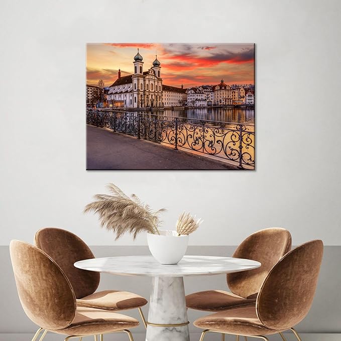 Mordern 1Pcs European Cityscape Canvas Wall Art Scenic Sunset Over River Cathedral with Domes Ready to Hang Architecture Romantic Travel Destination Decorative Framed Artwork for Living Rooms Bedrooms