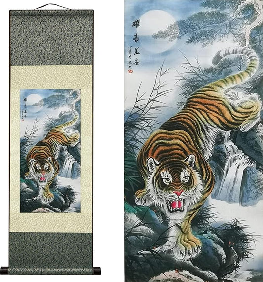 AtfArt Asian Wall Decor Beautiful Silk Scroll Painting Animal - Tiger King Deterrence - Angry Tiger Oriental Decor Chinese Art Wall Hanging Painting Scroll (36.2 x 12 in)