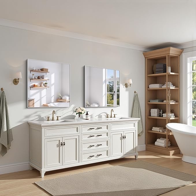 KOCUUY Silver Framed Mirror, 30"x30" Rectangle Bathroom Mirror for Wall, HD Tempered Glass, Anti-Rust Brushed Silver Frame, Modern Design for Bathroom, Bedroom, Living Room, Entryway