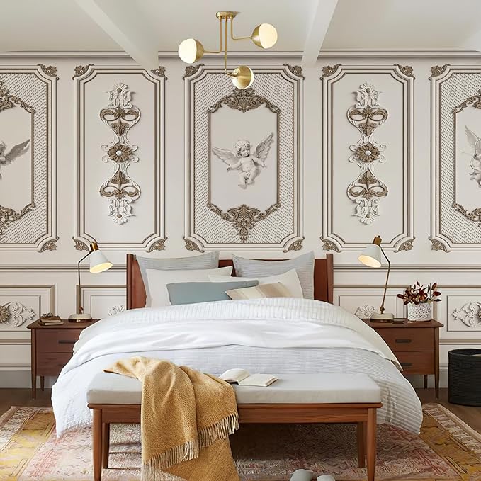 Large 3D Wallpaper Peel and Stick Vintage Rococo Style Architecture Mural 148" W x 110" H Brown White French Embossed Stereo Wall Mural 3D Stereo Wallpaper for Living Room Bedroom Sofa Background