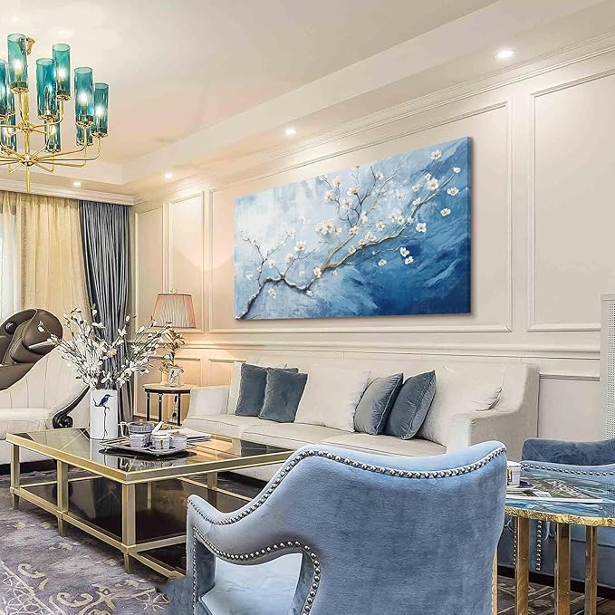 Nicetop Extra Large Canvas Art Wall Decor - Plum Blossom Art Prints - Oversized Abstract Sky Ocean Floral Botanical Artwork, Big Wall Picture Modern Coastal Home Bedroom Living Room Office 58x29 Inch