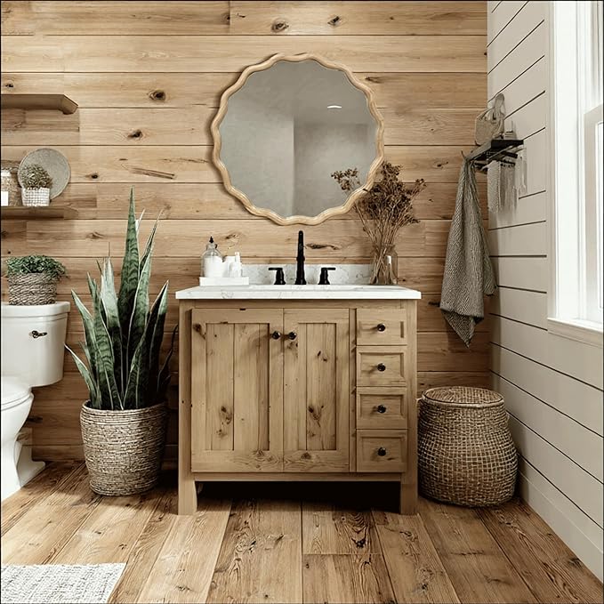 Circle Wood Mirrors for Wall, Wavy Round Bathroom Scalloped Mirror Wooden Frame 24 Inch for Living Room Farmhouse Bedroom Hallway Entryway Living Room with Shatterproof Glass Wall Mounted