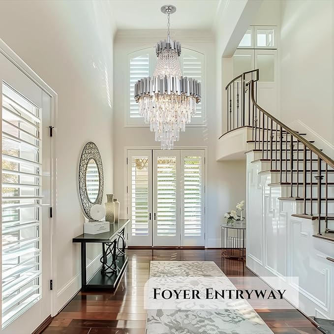 Modern Chandeliers for Entryway Foyer High Ceiling Round Long Crystal Lighting Fixtures Hanging Chandelier Chrome for Living Room Foyer Entrance Dining Room Bedroom