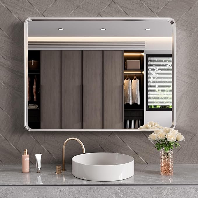 Brushed Nickel Bathroom Mirror 48x30 Inch, Brushed Silver Metal Frame Mirror Wall Mounted, Rounded Rectangle Bathroom Vanity Mirror, Tempered Glass, Anti-Rust, Horizontal/Vertical